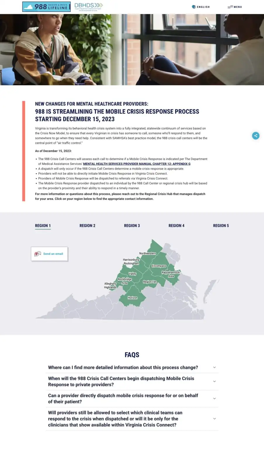 Virginia 988 For Provider page