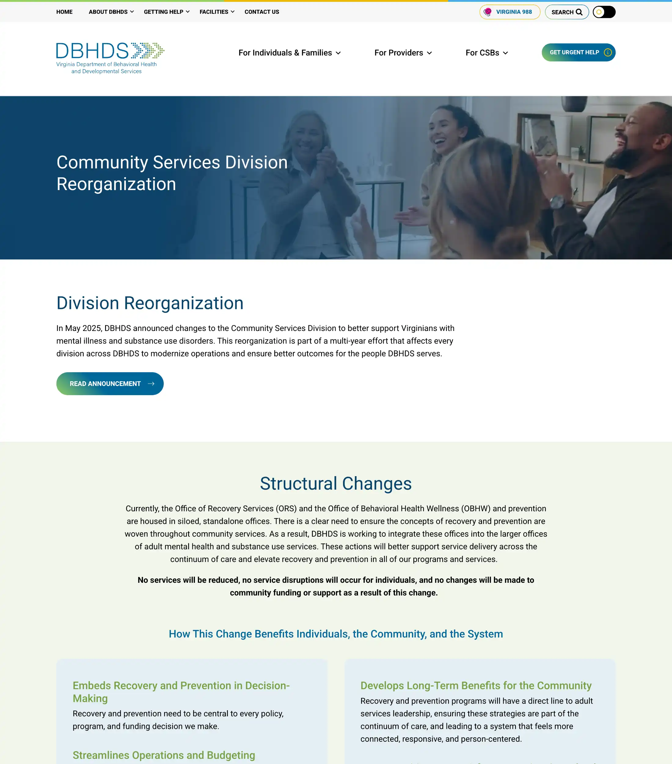 DBHDS Community Services Reorganization